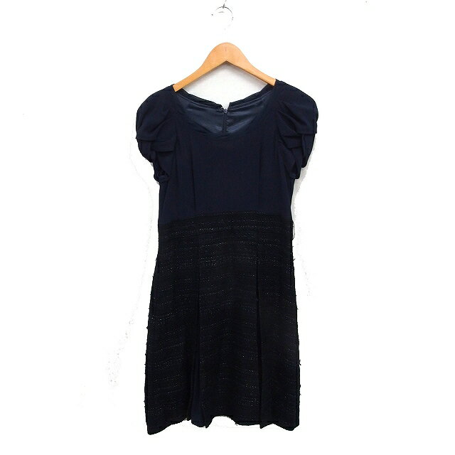 【中古】プチローブ PETIROBE 切替 フォーマル ワンピース ツイスト袖 ひざ丈 シフォン ツイード ネイビー 紺 /FT17 レディース 【ベクトル 古着】 251201