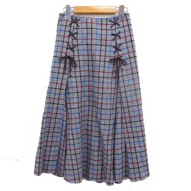 【中古】ミラオーウェン Mila Owen ニット チェック フレア スカート レースアップ ミモレ丈 0 グレー /NT25 レディース 【ベクトル 古着】 261007 auc-vector-21312050 ブランド古着の買取販売ベクトル パッケージ画像