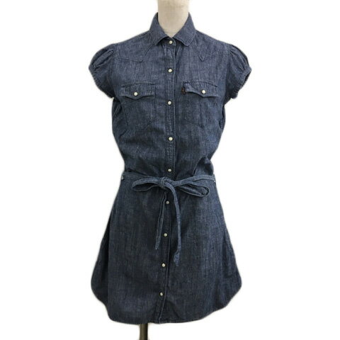 【中古】リーバイス Levi's ワンピース シャツワンピース Iライン ミニ デニム リボンベルト 無地 半袖 XS 紺 青 ネイビー ブルー レディース 【ベクトル 古着】 240517