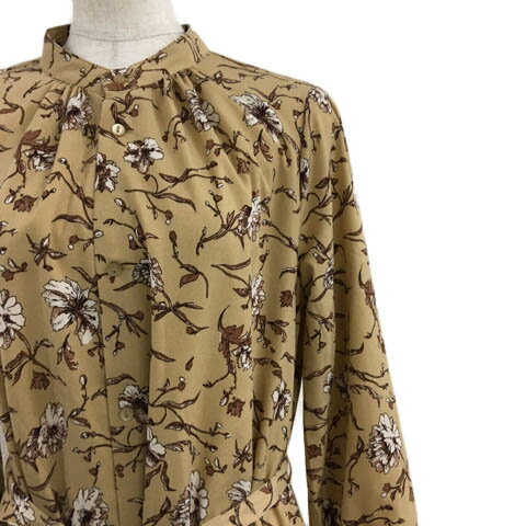 【中古】ロペピクニック ROPE Picnic ワンピース シャツワンピース フレア ロング バンドカラー 花柄 総柄 リボンベルト 長袖 38 ベージュ 茶 ブラウン レディース 【ベクトル 古着】 240527