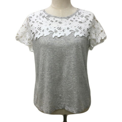 【中古】ナチュラルビューティーベーシック NATURAL BEAUTY BASIC カットソー プルオーバー ラウンドネック リネン レース 半袖 M グレー 白 ホワイト レディース 【ベクトル 古着】 240628
