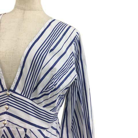 【中古】ソークロース So close ワンピース シャツ フレア ロング ストライプ パール 長袖 M 青 白 ブルー ホワイト レディース 【ベクトル 古着】 240725