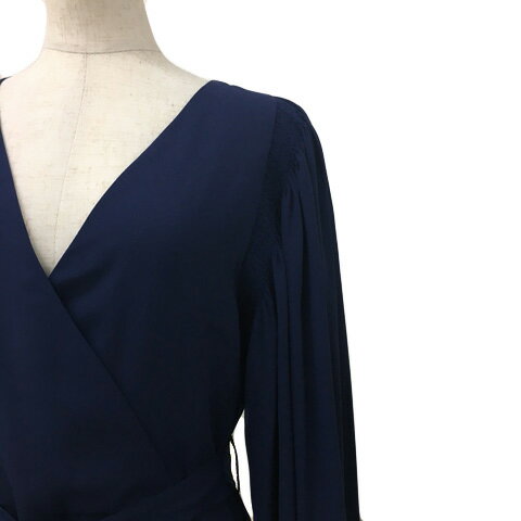 【中古】オットバイユークス 8 BY YOOX ワンピース フレア 膝丈 ラップ風 リボンベルト 無地 カシュクール ボリュームスリーブ 長袖 40 紺 青 ネイビー ブルー レディース 【ベクトル 古着】 240910