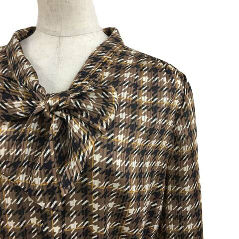 【中古】22オクトーブル 22 OCTOBRE ワンピース フレア 膝丈 ボウタイ リボン チェック 長袖 40 茶 黒 ブラウン ブラック レディース 【ベクトル 古着】 240827