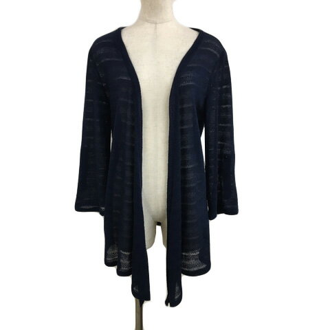 【中古】アフターオール after all カーディガン ニット 前開き 透かし編み シアー 透け感 ロールアップ リネン混 長袖 L 紺 ネイビー レディース 【ベクトル 古着】 240826