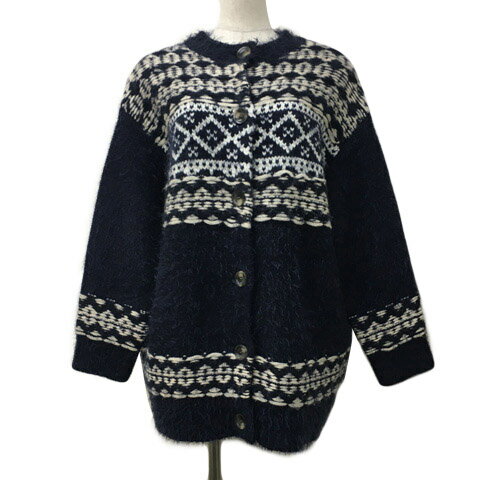 【中古】N.Natural Beauty Basic N.ナチュラルビューティーベーシック カーディガン ニット ラウンドネック シャギー リブ 総柄 長袖 M 紺 白 ネイビー ホワイト レディース 【ベクトル 古着】 240906