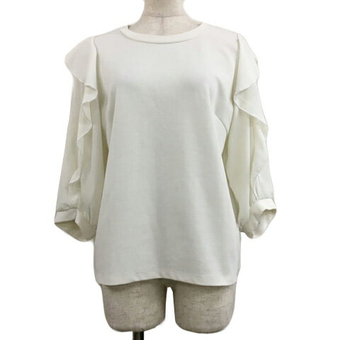 【中古】インデックス INDEX カットソー プルオーバー ラウンドネック 切替 無地 シアー フリル 七分袖 L 白 ホワイト レディース 【ベクトル 古着】 241024