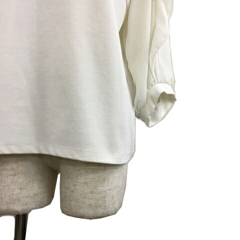 【中古】インデックス INDEX カットソー プルオーバー ラウンドネック 切替 無地 シアー フリル 七分袖 L 白 ホワイト レディース 【ベクトル 古着】 241024