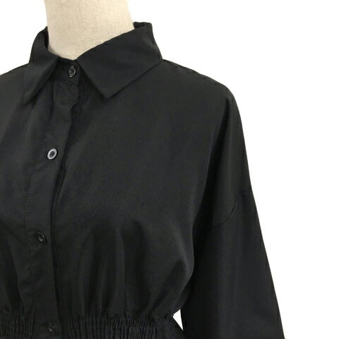 【中古】スリーピングシープ Sleeping Sheep ワンピース シャツワンピース フレア ひざ丈 シャーリング 無地 長袖 M 黒 ブラック レディース 【ベクトル 古着】 250421