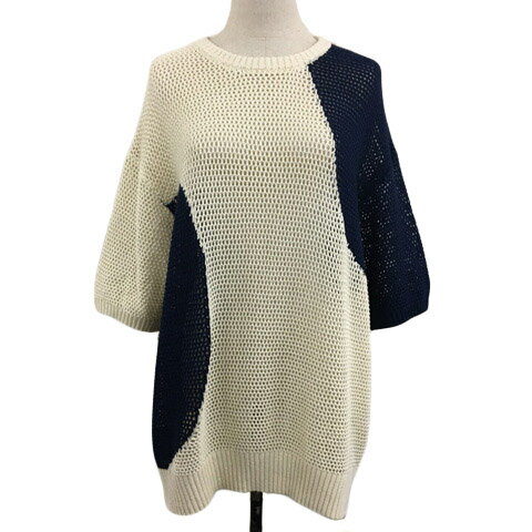 Crew Neck - 【中古】オンシェリー ONCILY セーター ニット プルオーバー クルーネック 透かし編み メッシュ バイカラー 七分袖 L 白 紺 ホワイト ネイビー レディース 【ベクトル 古着】 250512