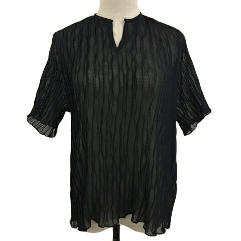 【中古】ジュノア JUNOAH ブラウス カットソー プルオーバー スリットネック シアー 透け感 シワ加工 無地 五分袖 L 黒 ブラック レディース 【ベクトル 古着】 250512