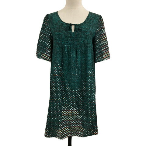 【中古】ビュルデサボン bulle de savon チュニック ワンピース フレア 総柄 リボン マルチカラー 五分袖 F 緑 白 グリーン ホワイト レディース 【ベクトル 古着】 250731