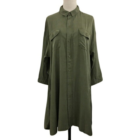 【中古】ジーナシス JEANASIS シャツワンピース フレア ロング ミリタリー 無地 長袖 F 緑 グリーン レ..