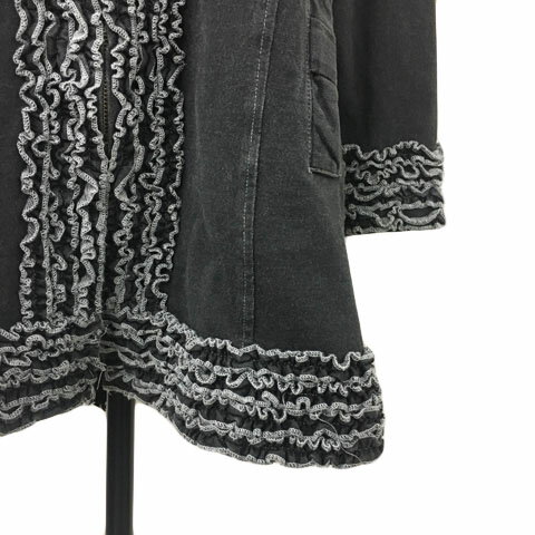 【中古】ギャラリービスコンティ GALLERY VISCONTI ジャケット ノーカラー ロング丈 ジップアップ デニム調 フリル リボン 2 黒 グレー ブラック レディース 【ベクトル 古着】 250806