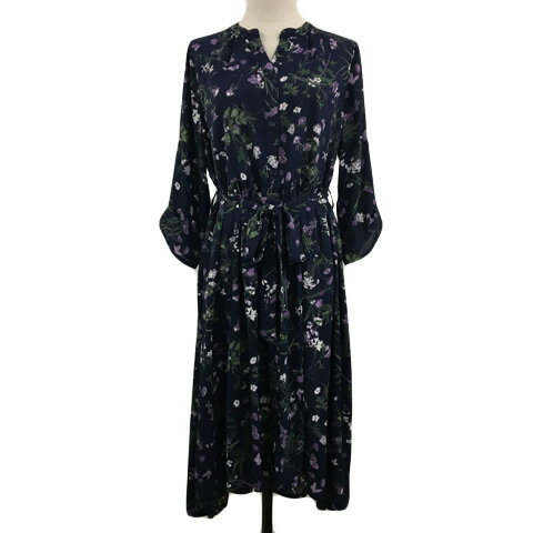 【中古】アルファベッツアルファベット Alphabet's alphabet ワンピース シャツワンピ フレア ロング リボンベルト ロールアップ 花柄 七分袖 F 紺 紫 ネイビー パープル レディース 【ベクトル 古着】 250829