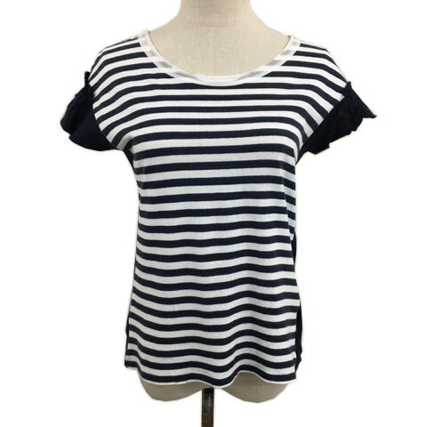 【中古】スピック&スパン Spick&Span カットソー ラウンドネック プルオーバー フリル 切替 ボーダー フレンチスリーブ 半袖 紺 白 ネイビー ホワイト レディース 【ベクトル 古着】 250910