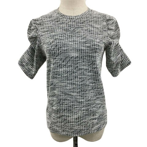 【中古】アズールバイマウジー AZUL by moussy カットソー ニット プルオーバー クルーネック 総柄 ラメ パワーショルダー 五分袖 M 白 黒 ホワイト ブラック レディース 【ベクトル 古着】 260317