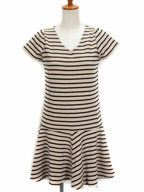 【中古】未使用品 フリージアバイフリーズマート Freesia by FREE'S MART ワンピース ボーダー フレア Vネック 半袖 M ベージュ 黒 ブラック レディース 【ベクトル 古着】 191107 ベクトルプレミアム店