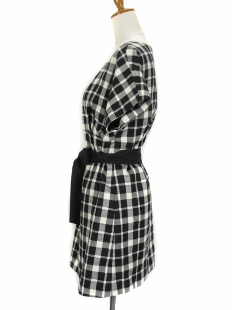 【中古】アナトリエ ANATELIER ワンピース チェック Vネック 半袖 ウール混 38 黒 ブラック 白 ホワイト レディース 【ベクトル 古着】 220924
