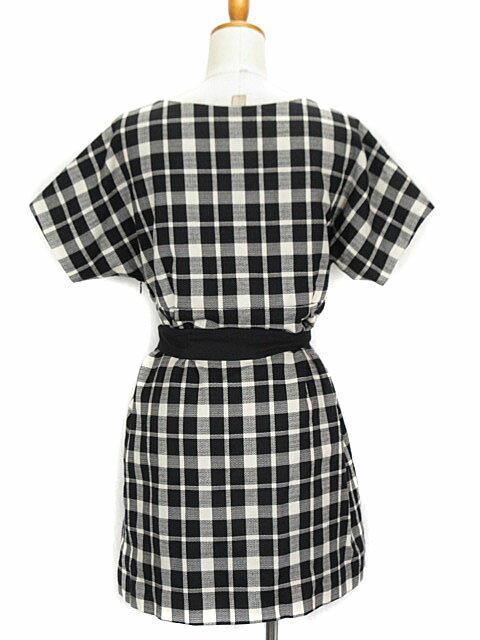 【中古】アナトリエ ANATELIER ワンピース チェック Vネック 半袖 ウール混 38 黒 ブラック 白 ホワイト レディース 【ベクトル 古着】 220924