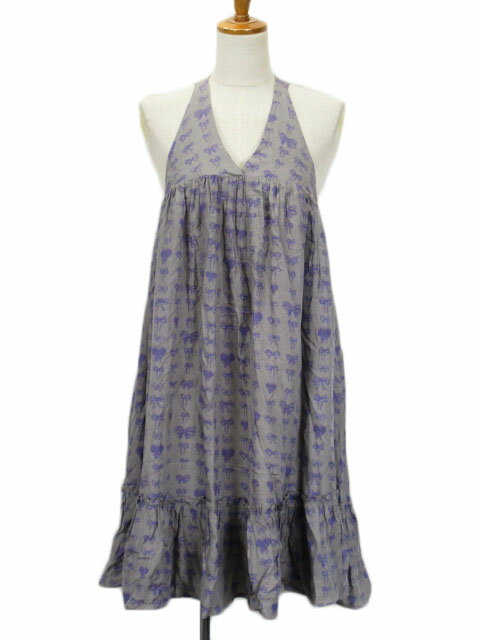 【中古】マリアボニータエクストラ Maria Bonita Extra ワンピース Vネック リボン柄 フリル ギャザー ノースリーブ コットン シルク 38 グレー レディース 【ベクトル 古着】 230115