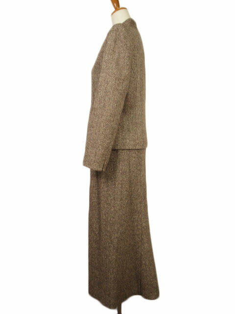 【中古】レリアン Leilian スーツ ジャケット スカート ロング ツイード ウール シルク 7 茶 ブラウン レディース 【ベクトル 古着】 230123