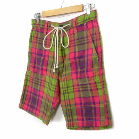 【中古】エドウィン EDWIN ハーフパンツ ショート チェック ドロスト S 緑 グリーン ピンク 【ベクトル 古着】 230212