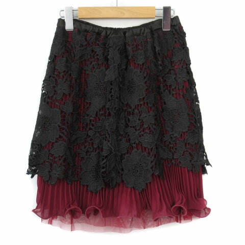 【中古】リッチミー Riccimie スカート プリーツ レース チュール シフォン 0 黒 ブラック ボルドー レディース 【ベクトル 古着】 210325