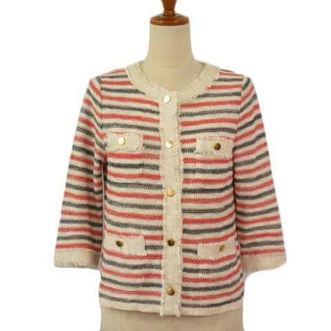 【中古】ストロベリーフィールズ STRAWBERRY-FIELDS カーディガン ニット ボーダー フリンジ アイボリー レディース 【ベクトル 古着】 230312