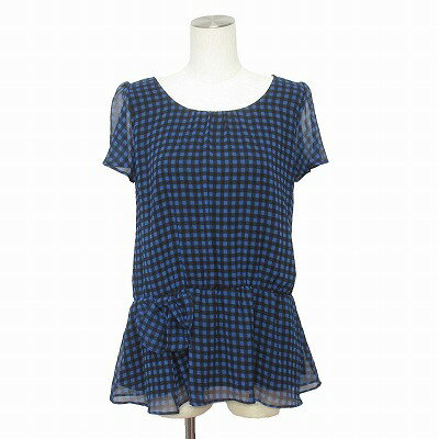 【中古】エニィファム anyFam ブラウス カットソー チュニック リボン ギンガムチェック シアー 半袖 2 青黒 レディース 【ベクトル 古着】 250420