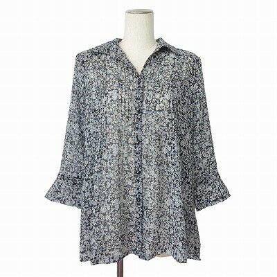 【中古】ノアージュ noa-ge シャツ ブラウス オープンカラー シアー 花柄 七分袖 L 青 ブルー レディー..