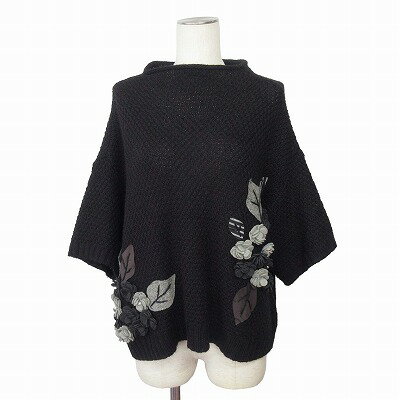 【中古】Akane アカネ あむう ニット ローゲージ モックネック 花 フラワー 五分袖 M-L 黒 ブラック レディース 【ベクトル 古着】 250913