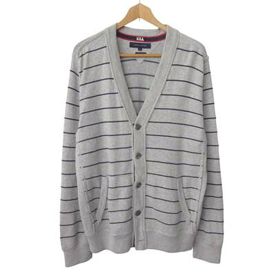 【中古】トミーヒルフィガー TOMMY HILFIGER カーディガン コットンニット エルボーパッチ ボーダー L グレー メンズ 【ベクトル 古着】 260823
