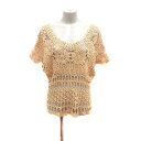 【中古】ミスティウーマン mysty woman ニット カットソー Uネック かぎ編み 総柄 五分袖 M ベージュ /YK レディース 【ベクトル 古着】 240406(4)