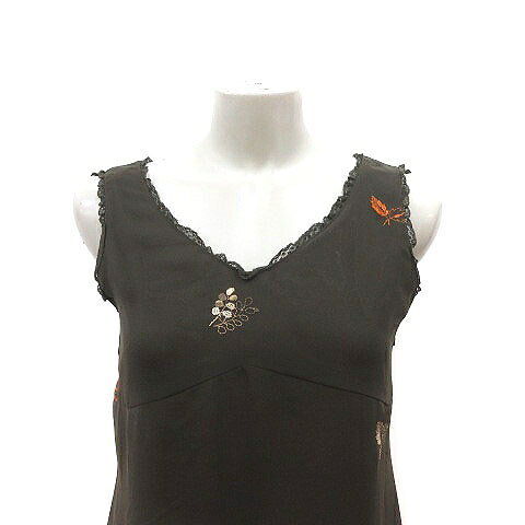 【中古】コムサデモード COMME CA DU MODE ワンピース ひざ丈 刺繍 ノースリーブ M カーキ オレンジ 白 アイボリー /MS レディース 【ベクトル 古着】 240527