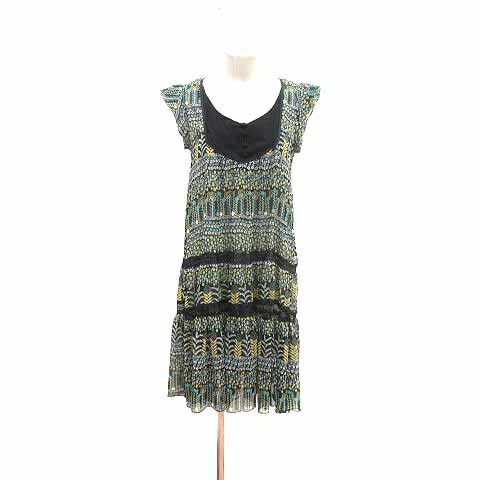 【中古】レイビームス Ray Beams シャツワンピース フレア ひざ丈 シフォン レース 総柄 フレンチスリーブ 黒 ブラック 緑 グリーン 黄色 イエロー /YK レディース 【ベクトル 古着】 240827