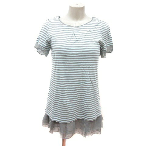 【中古】fertelier カットソー クルーネック ボーダー 半袖 チュニック丈 レイヤード S 水色 ライトブルー グレー /MN ●RY レディース 【ベクトル 古着】 241115