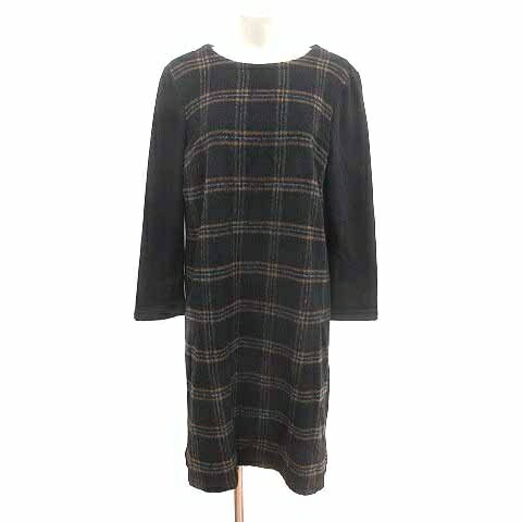【中古】ラピーヌ ブルー LAPINE BLEUE ワンピース ひざ丈 裏起毛 切替 チェック 長袖 ウール 44 XXL 黒 ブラック /YK レディース 【ベクトル 古着】 241117