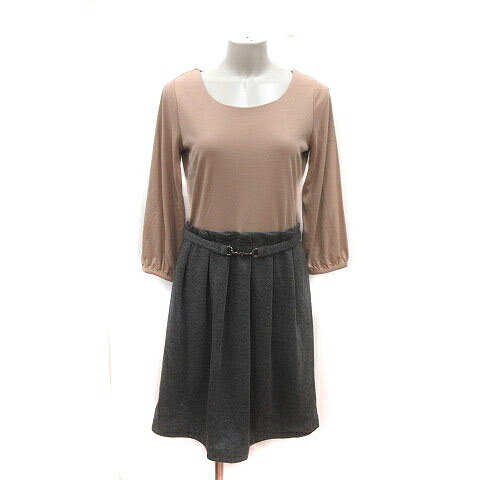 【中古】ナチュラルビューティーベーシック NATURAL BEAUTY BASIC ワンピース ひざ丈 切替 長袖 M ベージュ グレー /MS レディース 【ベクトル 古着】 241210