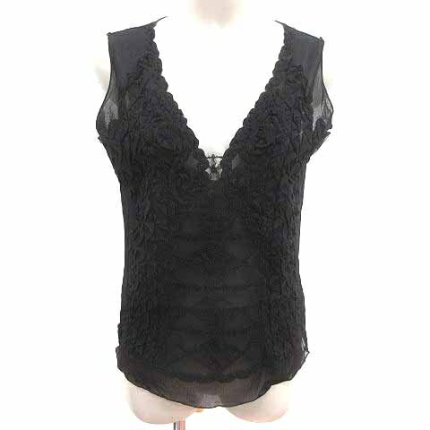 【中古】ジャンニロジュディチェ GIANNI LO GIUDICE ブラウス シアー ナイロン Vネック 刺しゅう ノースリーブ ウール 42 XL 黒 ブラック /YK レディース 【ベクトル 古着】 250410