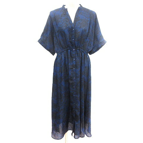 【中古】ブージュルード Bou Jeloud シャツワンピース マキシ ロング ノーカラー ロールアップ フリンジ 花柄 ドルマンスリーブ 五分袖 紺 ネイビー /AU レディース 【ベクトル 古着】 250402