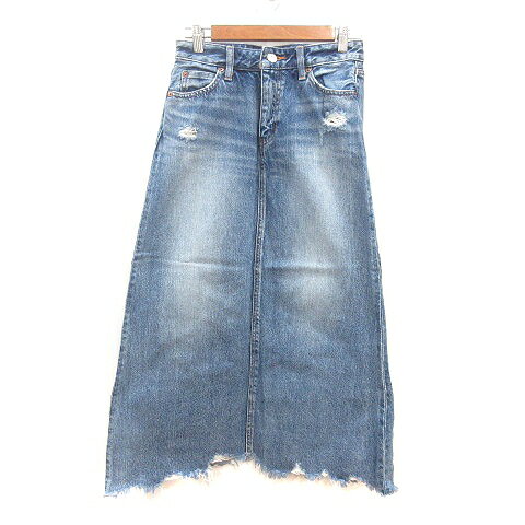【中古】マウジー MOUSSY フレアスカート ロング デニム カットオフ ダメージ加工 2 M 紺