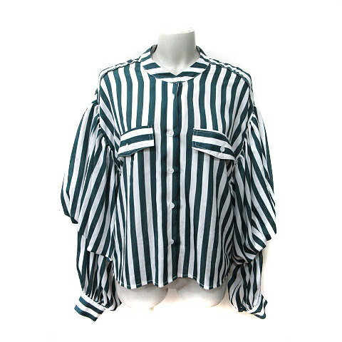 【中古】ゴスペル GHOSPELL シャツ ブラウス バンドカラー ストライプ 長袖 S 緑 グリーン 白 ホワイト..