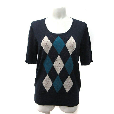 【中古】コムサイズム COMME CA ISM ニット カットソー Uネック アーガイル 五分袖 L 濃紺 ダークネイビー ライトベージュ 青 ブルー 紫 パープル /MS レディース 【ベクトル 古着】 250805(4)