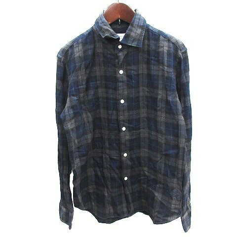 【中古】エディフィス EDIFICE ステンカラーシャツ チェック 長袖 44 S 紺 ネイビー /AU メンズ 【ベクトル 古着】 250806