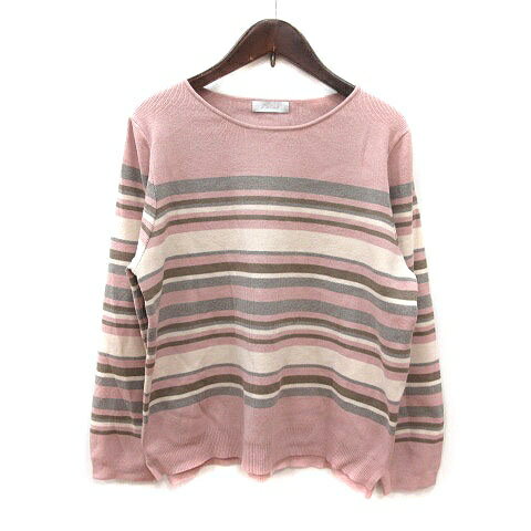 【中古】ティアクラッセ Tiaclasse ニット セーター ボートネック ボーダー 長袖 L ピンク グレー 白 ホワイト 茶 ブラウン /MS レディース 【ベクトル 古着】 250925(4)