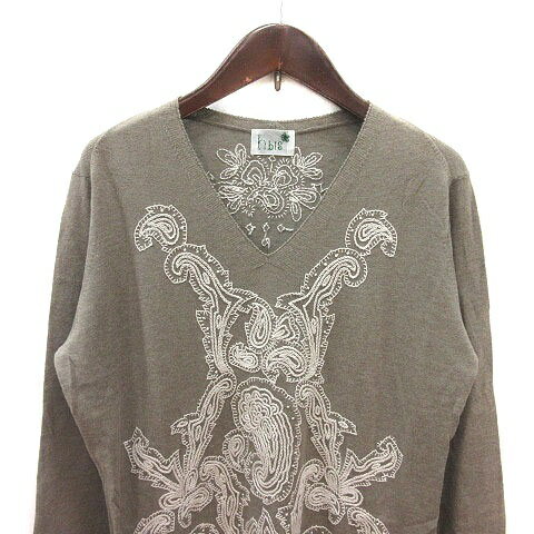 【中古】アッシュビス hbis ニットチュニック Vネック 刺繍 長袖 40 茶 ブラウン 白 ホワイト /MS レディース 【ベクトル 古着】 251009