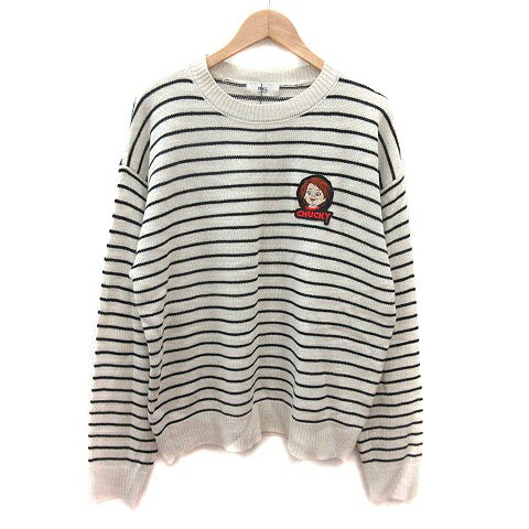 【中古】未使用品 モノマートレディース MN.L MONO-MART LADY'S ニット セーター オーバーサイズ ワッペン チャッキー ボーダー 長袖 F 白 アイボリー 黒 ブラック /MS レディース 【ベクトル 古着】 260402