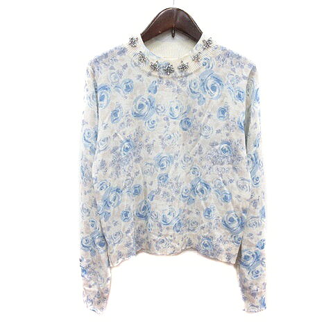 レストローズ L'EST ROSE ニット カットソー 花柄 長袖 ビジュー 2 M 白 アイボリー 水色 ライトブルー /MN レディース  260511