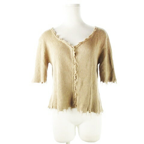 【中古】フーズフーギャラリー WHO'S WHO gallery W.W.G カーディガン ニット リブ Vネック 五分袖 麻 リネン ダメージ加工 フリンジ F ベージュ /CK17 レディース 【ベクトル 古着】 240902